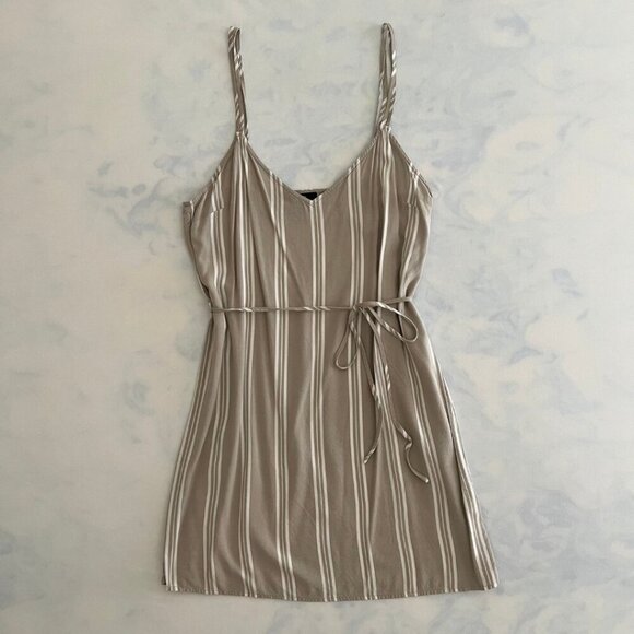 Forever 21 Tan & White Striped Tie Waist Sun Dress - Picture 1 of 6